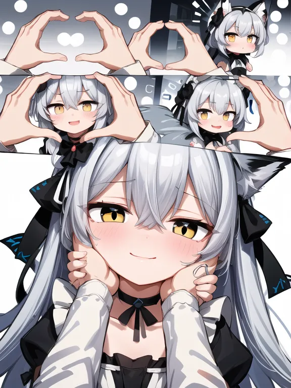 The image is of a cute anime girl with white hair and yellow eyes. She is smiling and has her hands in the air in the shape of a heart. She is wearing a white and black maid outfit. There are two smaller versions of her in the background. The image is drawn in a chibi style and is very cute.