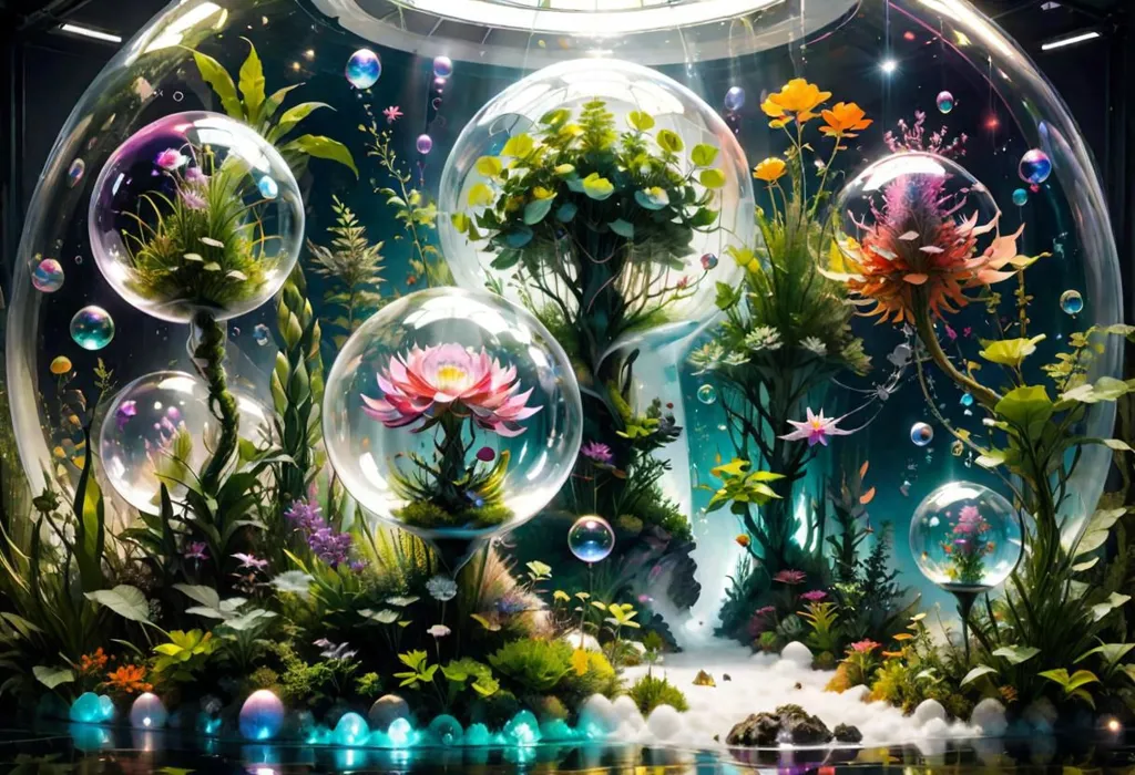 The image depicts a lush underwater garden with a variety of plants and flowers. The plants are arranged in a variety of ways, with some growing in the foreground and others in the background. The flowers are also varied, with some being small and delicate and others being large and showy. The water is clear and blue-green, and there are bubbles rising to the surface. The overall effect is one of beauty and tranquility.