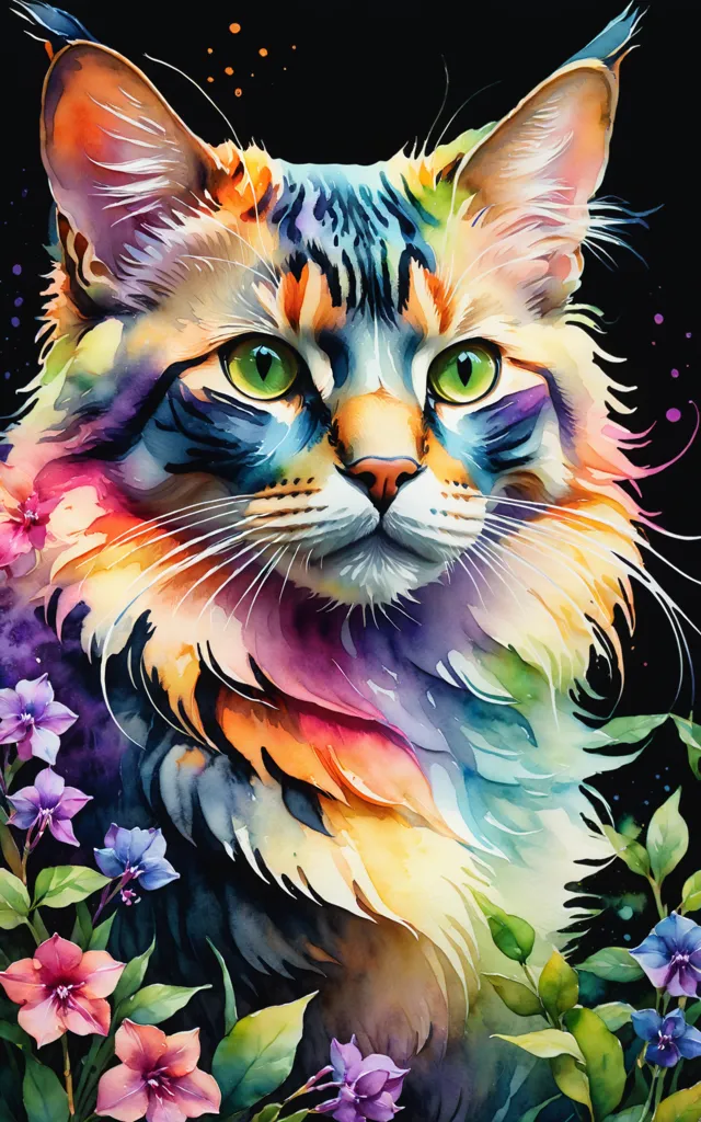 The image is a watercolor painting of a cat. The cat is sitting in front of a dark background and is surrounded by flowers. The cat has green eyes and a long, flowing mane of fur. The fur is a rainbow of colors, including blue, green, yellow, orange, and purple. The flowers are also a variety of colors, including pink, purple, and blue. The painting has a soft, dreamy feel to it and is sure to delight cat lovers everywhere.