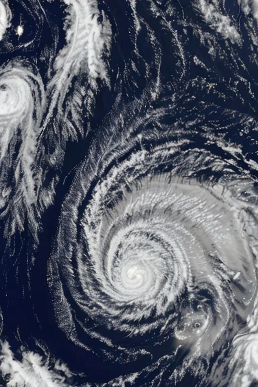 The image shows a hurricane seen from space. The hurricane is a large, swirling storm with a distinct eye at the center. The eye is surrounded by clouds and rain. The hurricane is moving over the ocean.