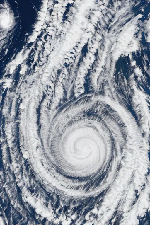 The image shows a hurricane seen from space. The hurricane is a large, rotating storm with a distinct eye at the center. The eye is surrounded by clouds that are arranged in a spiral pattern. The clouds are white and fluffy, and they appear to be very thick. The hurricane is moving towards the right of the image, and it is likely to cause damage to the areas that it hits.