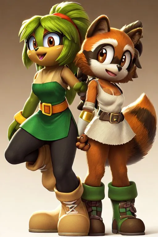 The image depicts two female characters from the Sonic the Hedgehog franchise. The character on the left is a green squirrel named Belle, and the character on the right is a brown raccoon named Tangle. Belle is wearing a green dress with brown boots, while Tangle is wearing a white dress with brown boots. Both characters have green eyes and are smiling. They are standing next to each other and holding hands. The background is a light brown color.