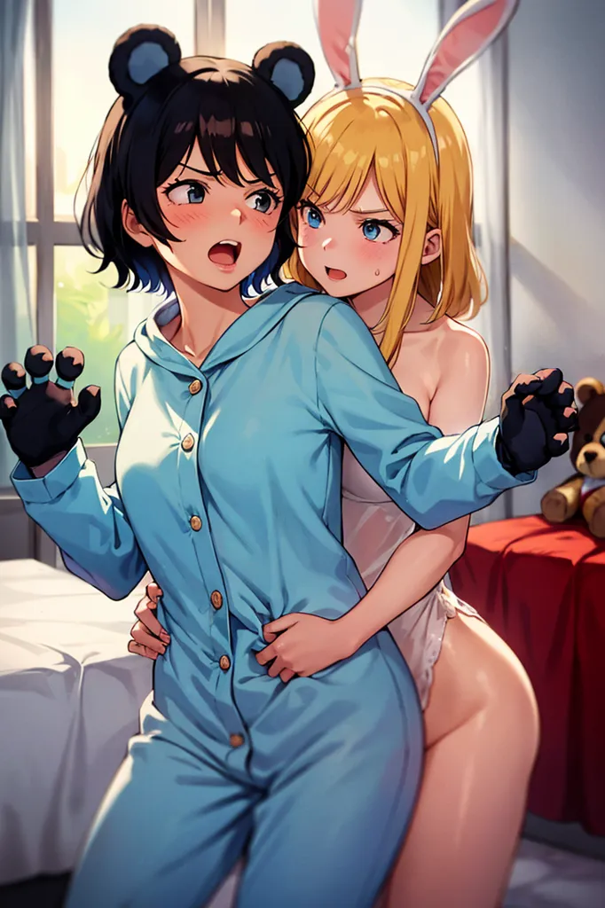 The image is of two young women in their pajamas. The woman on the left is wearing a blue pajama with bear ears. She has short black hair. The woman on the right is wearing a white negligee with bunny ears. She has long blonde hair. They are standing in a bedroom. The woman in the blue pajamas is holding the woman in the white negligee by the waist and is looking at her with a surprised expression. The woman in the white negligee is looking back at her with an equally surprised expression.