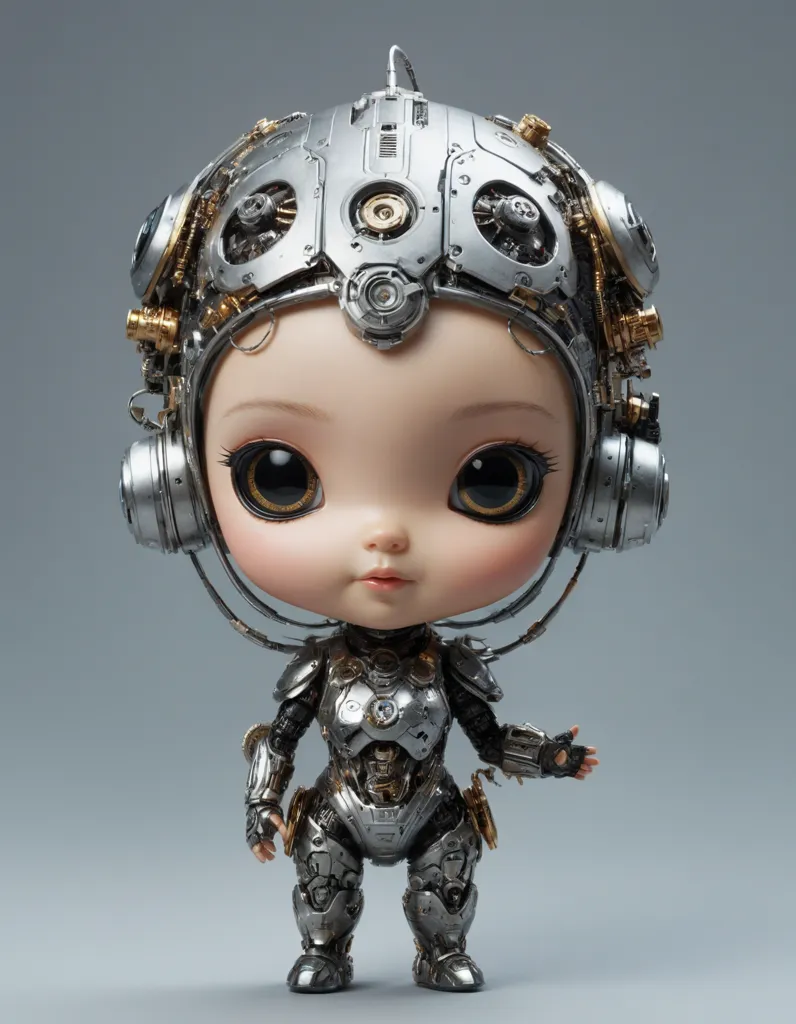 The image shows a doll with a mechanical body and a human head. The doll is wearing a silver and black suit of armor and has a helmet with a clear visor. The doll's eyes are large and black, and its skin is pale. It is standing in a relaxed pose with one hand raised.