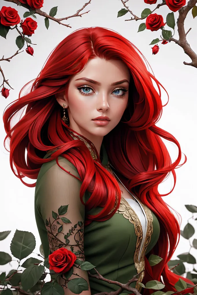 This image shows a woman with long, flowing red hair. She is wearing a green dress with a sweetheart neckline and gold trim. The dress has off-the-shoulder sleeves. The woman is standing in front of a white background, and there are red roses with green leaves all around her. She is looking at the viewer with a serious expression.