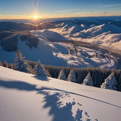 The image shows a beautiful winter landscape. There is a ski resort in the valley. The trees are covered in snow. The sun is shining brightly. The sky is blue and there are some clouds. The snow is thick on the ground. There are some footprints in the snow. The scene is very peaceful and