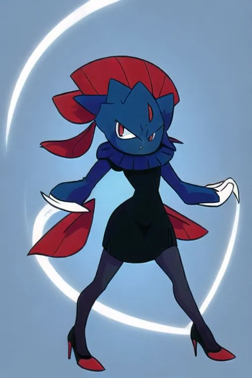 The image shows a Pokemon character, which is a fictional creature from the Pokemon franchise. It is a bipedal, humanoid creature with blue and red coloration. It has a long, flowing tail and wears a black dress with red high heels. The Pokemon is standing in a confident pose, with one hand on its hip and the other extended in front of it. It has a mischievous expression on its face, and it appears to be ready to battle.