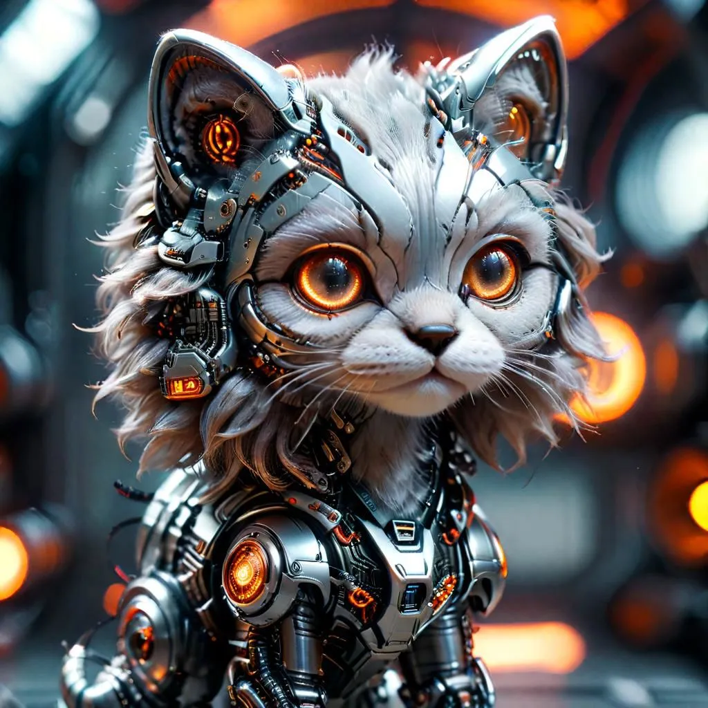 The image shows a robotic cat with white fur and orange eyes. It is sitting on a metal surface, and there are several lights in the background. The cat is made of metal and has a variety of wires and other mechanical parts visible. Its left ear is missing, and it has a small light on its forehead. The cat is looking at the viewer with its head tilted to one side.