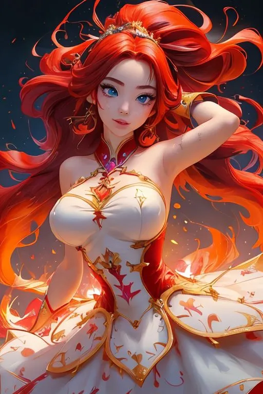 This is an image of a woman with long red hair and blue eyes. She is wearing a white and red dress with a sweetheart neckline and a corset. The dress is trimmed with gold and has a long train. The woman is standing in front of a dark background with a fiery orange glow. She has a confident expression on her face and is looking at the viewer.