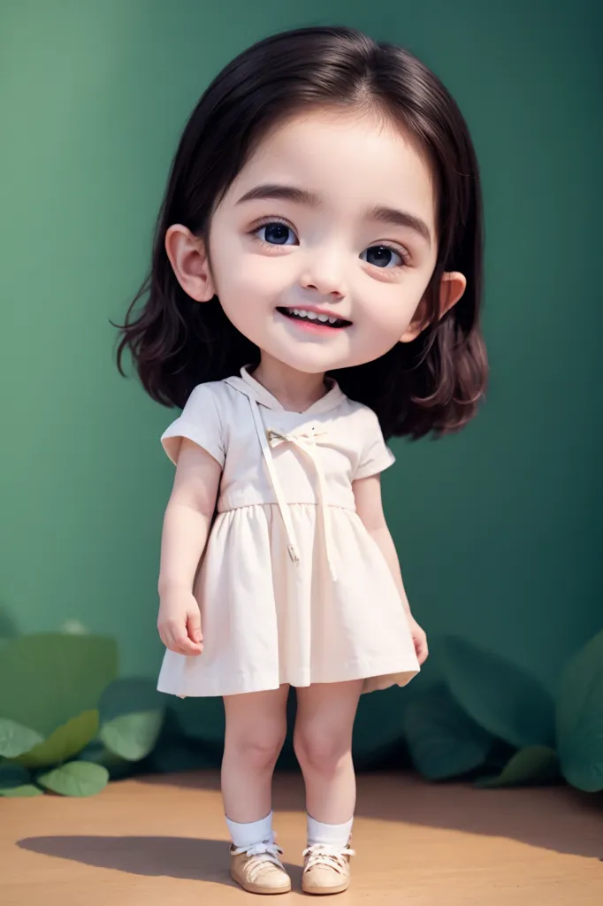 The image shows a cute little girl with short brown hair. She is wearing a white dress and white shoes. She has a big smile on her face and is standing with her feet shoulder-width apart. She looks like she is about to run or jump. The background is a solid green color.