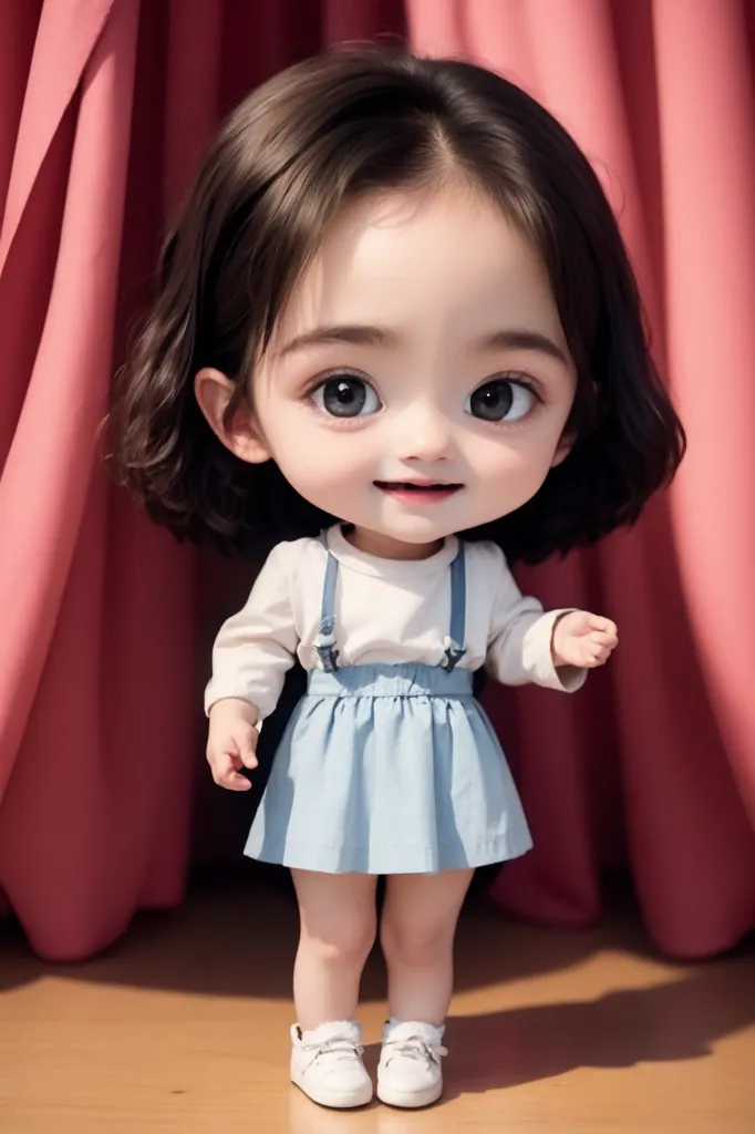 The image shows a cute little girl with short brown hair. She is wearing a white long-sleeved shirt, a blue pinafore, and white shoes. She has big brown eyes and a happy expression on her face. She is standing in front of a pink curtain.