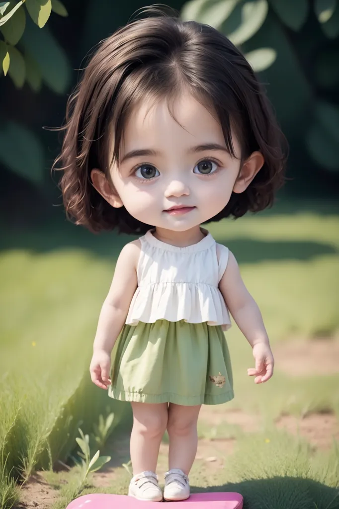 The image shows a cute little girl with big eyes and short brown hair. She is wearing a white and green dress and pink shoes. She is standing on a pink mat in a grassy area outside. There are green leaves in the background. The girl is looking at the camera with a slight smile on her face.