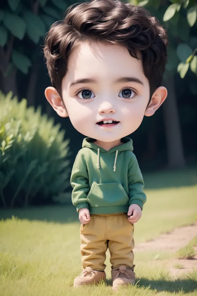 The image shows a 3D rendering of a baby with large head and tiny body. The baby is wearing a green sweater and brown pants. He has short brown hair and big brown eyes. He is standing in a grassy field, surrounded by trees. The background is blurred.