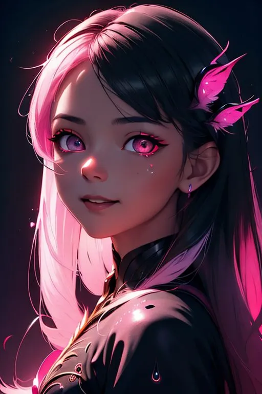 The picture shows a beautiful anime girl with long pink and black hair. She has pink eyes and is wearing a black and pink outfit. She has a gentle smile on her face and is looking at the viewer. The background is dark with some small pink lights floating around.