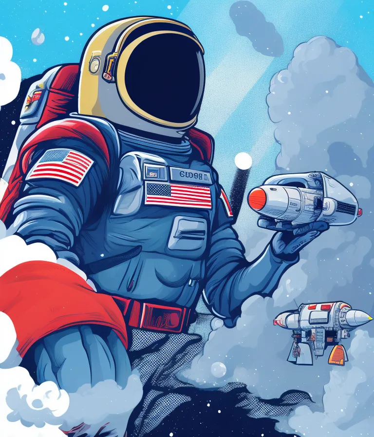The image is an illustration of an astronaut in a blue spacesuit with a red and white striped pattern on the arms and legs. The astronaut is wearing a helmet with a gold visor and has a backpack with an American flag patch on it. The astronaut is standing on a rocky surface with a starry sky and a blue planet in the background. The astronaut is holding a gun in his right hand. There is a spaceship in the background. The astronaut is looking at the spaceship.