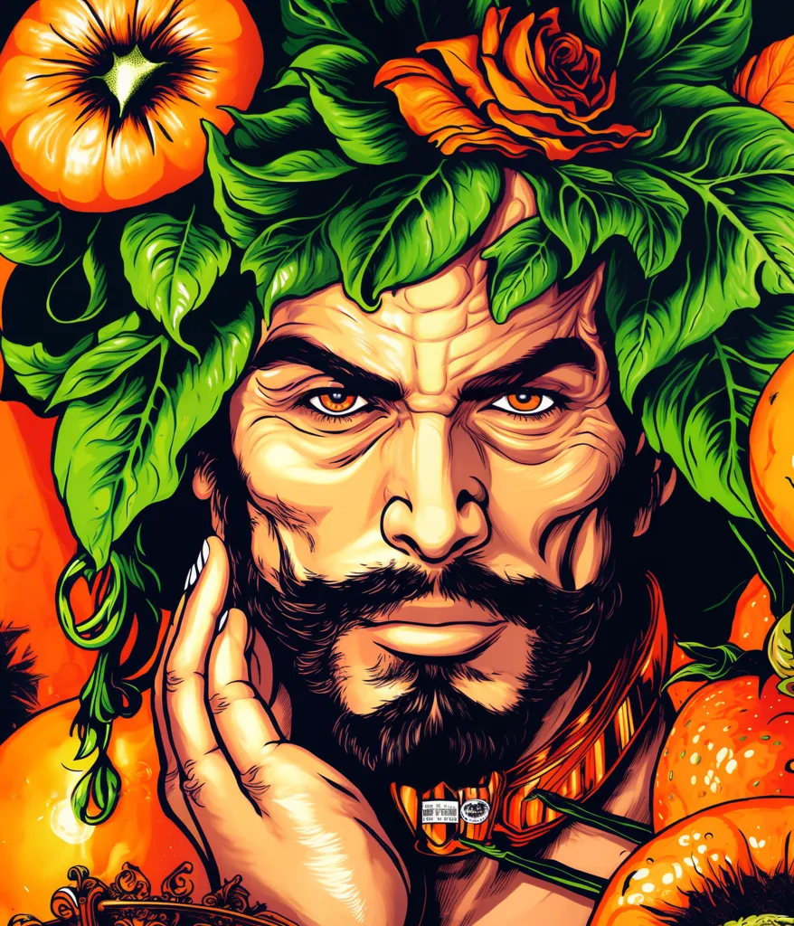 Esta imagem mostra um homem com cabelos e barba escuros. Ele está usando uma coroa de folhas verdes e flores laranja. Ele tem uma expressão séria no rosto e está olhando para o espectador com seus olhos laranja. Ele está usando um colar de ouro e há frutas laranja ao seu redor. O fundo é branco.