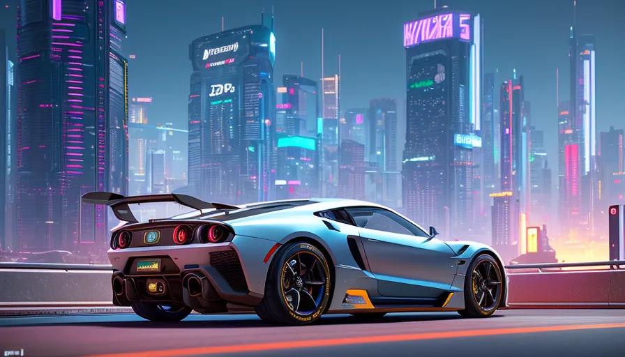 The image is a digital painting of a futuristic city. The city is full of tall skyscrapers and bright lights. The sky is dark and there are clouds in the distance. The road is wet and there is a car parked on the side of the road. The car is a silver and blue sports car. It has a spoiler on the back and a large exhaust pipe. The car is also very low to the ground. There is a city in the background and it is very bright. There are a lot of lights and buildings. The image is very detailed and realistic.