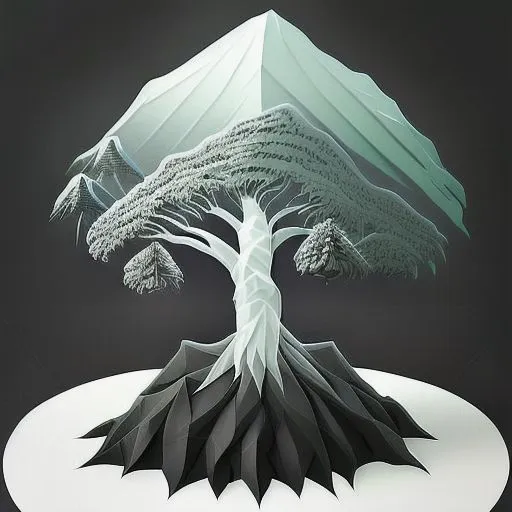 The image is a black and white drawing of a tree. The tree has a large, gnarled trunk and branches that reach out in all directions. The leaves are a deep green, and they seem to be blowing in the wind. The tree is rooted in a large, rocky mound. In the background, there is a mountain range. The mountains are covered in snow. The image is very detailed, and it seems to be drawn in a realistic style.
