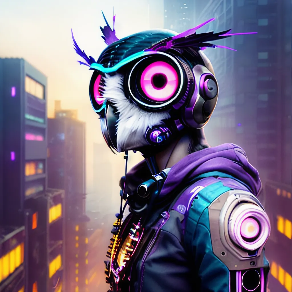 The image is a digital painting of a cyberpunk owl. The owl is wearing a black and purple helmet with glowing pink eyes. It is also wearing a purple jacket and has a robotic arm. The owl is standing in a dark city with a lot of neon lights. The image is very detailed and the owl looks very realistic.