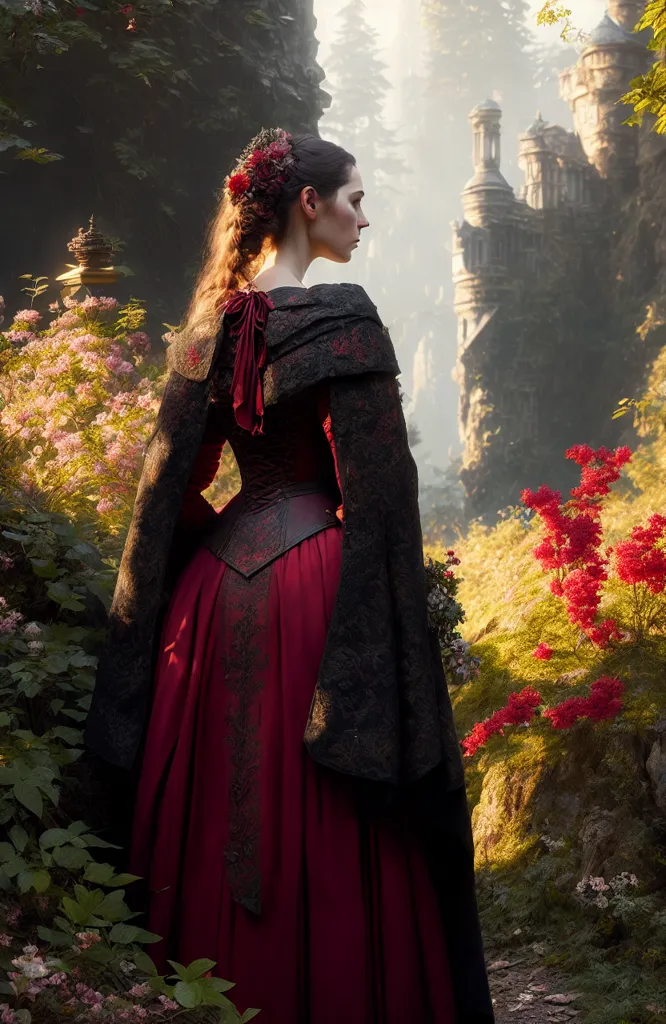 La imagen es de una mujer de pie en un bosque. Lleva un vestido rojo con una capa negra. El vestido tiene un corpiño con forma de corsé y un escote de corazón. La capa está forrada de seda roja. Tiene una corona de flores en el cabello. La mujer está de pie frente a un castillo. El castillo está hecho de piedra gris y tiene torres en las esquinas. La mujer mira el castillo con una expresión pensativa en su rostro.