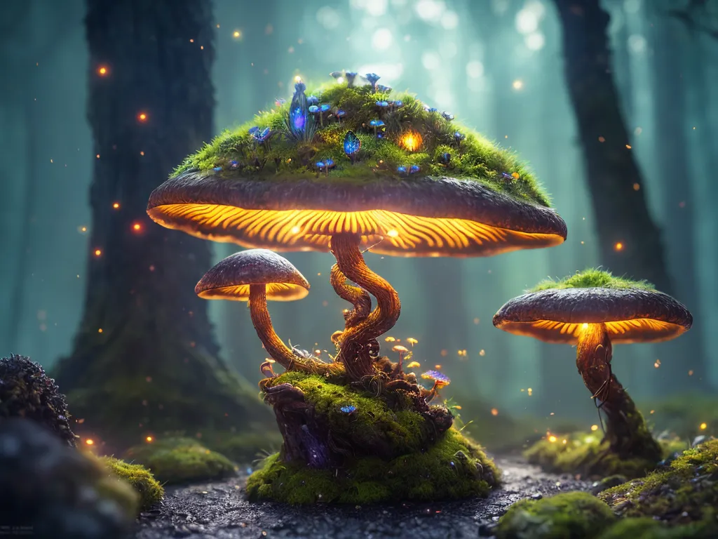 The image is a photo of three large mushrooms in a forest. The mushrooms are all different colors and shapes. The largest mushroom is in the center of the image and has a large, round cap that is glowing. The other two mushrooms are smaller and are located on either side of the central mushroom. They are all surrounded by moss, grass, and other small plants. In the background, there are several large trees with glowing blue mushrooms growing on them. There are also several small, glowing blue mushrooms growing on the ground. The image is very detailed and realistic.