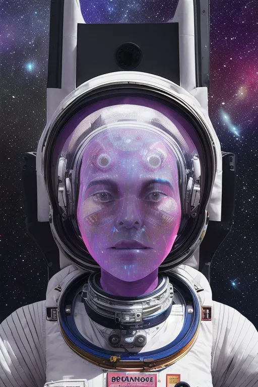 Esta é uma imagem de um astronauta vestindo um traje espacial com um capacete de bolha transparente. O rosto do astronauta está parcialmente obscurecido pelo reflexo da câmera, mas seus olhos são visíveis e eles estão olhando diretamente para o espectador. O traje espacial é branco com listras azuis e vermelhas nos braços e pernas. O fundo é um céu estrelado à noite com um planeta brilhante no canto superior direito.