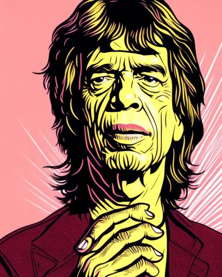 A imagem é um retrato de Mick Jagger, o vocalista dos Rolling Stones. Ele é mostrado com seu cabelo longo característico e vestindo um terno vermelho. O fundo é de uma cor rosa brilhante. A imagem é desenhada em um estilo realista, e as cores são vibrantes e chamativas.
