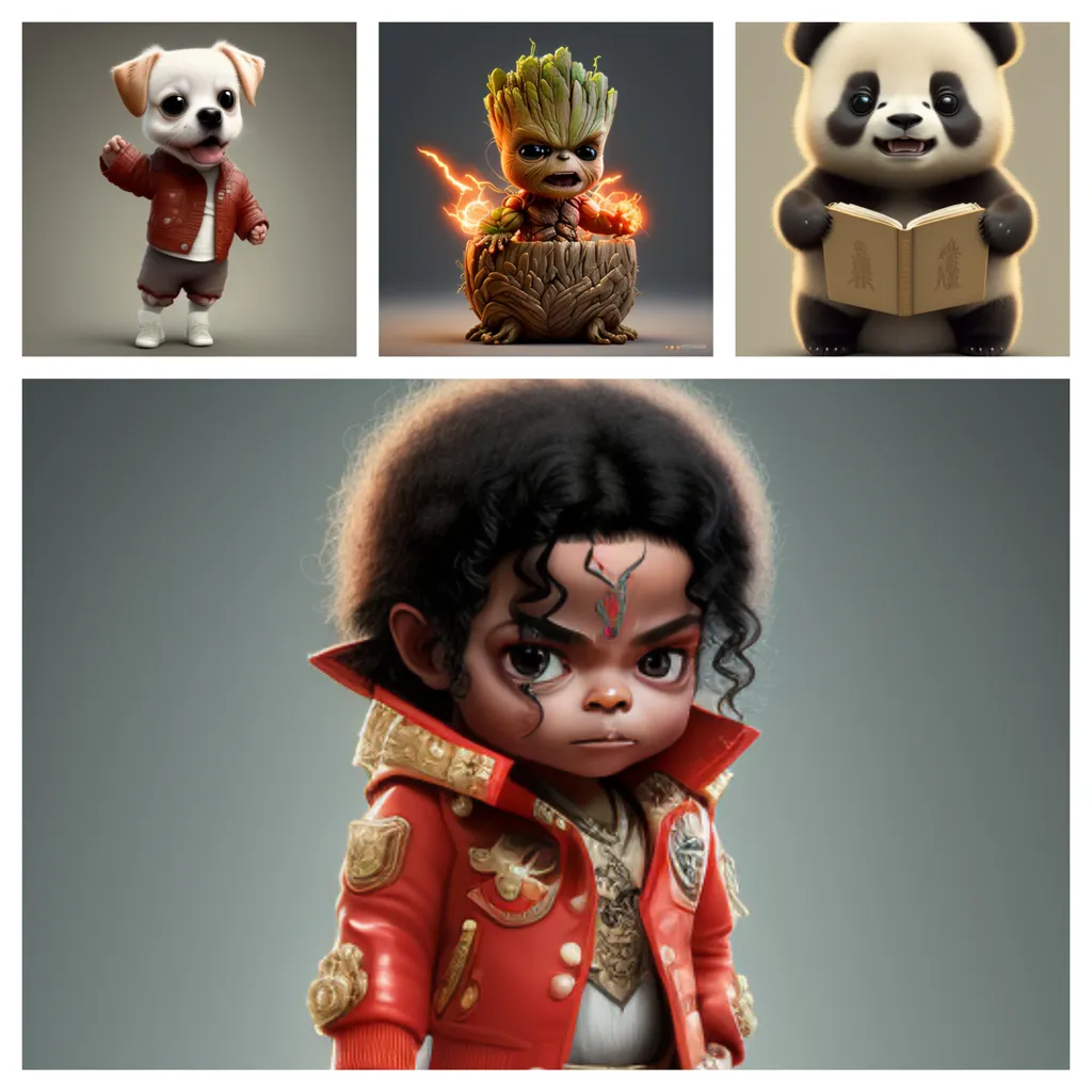 The image is a 2x3 grid of cartoon characters. The first image is of a puppy wearing a red jacket. The second image is of Groot from Guardians of the Galaxy. The third image is of a panda reading a book. The fourth image is of Michael Jackson.