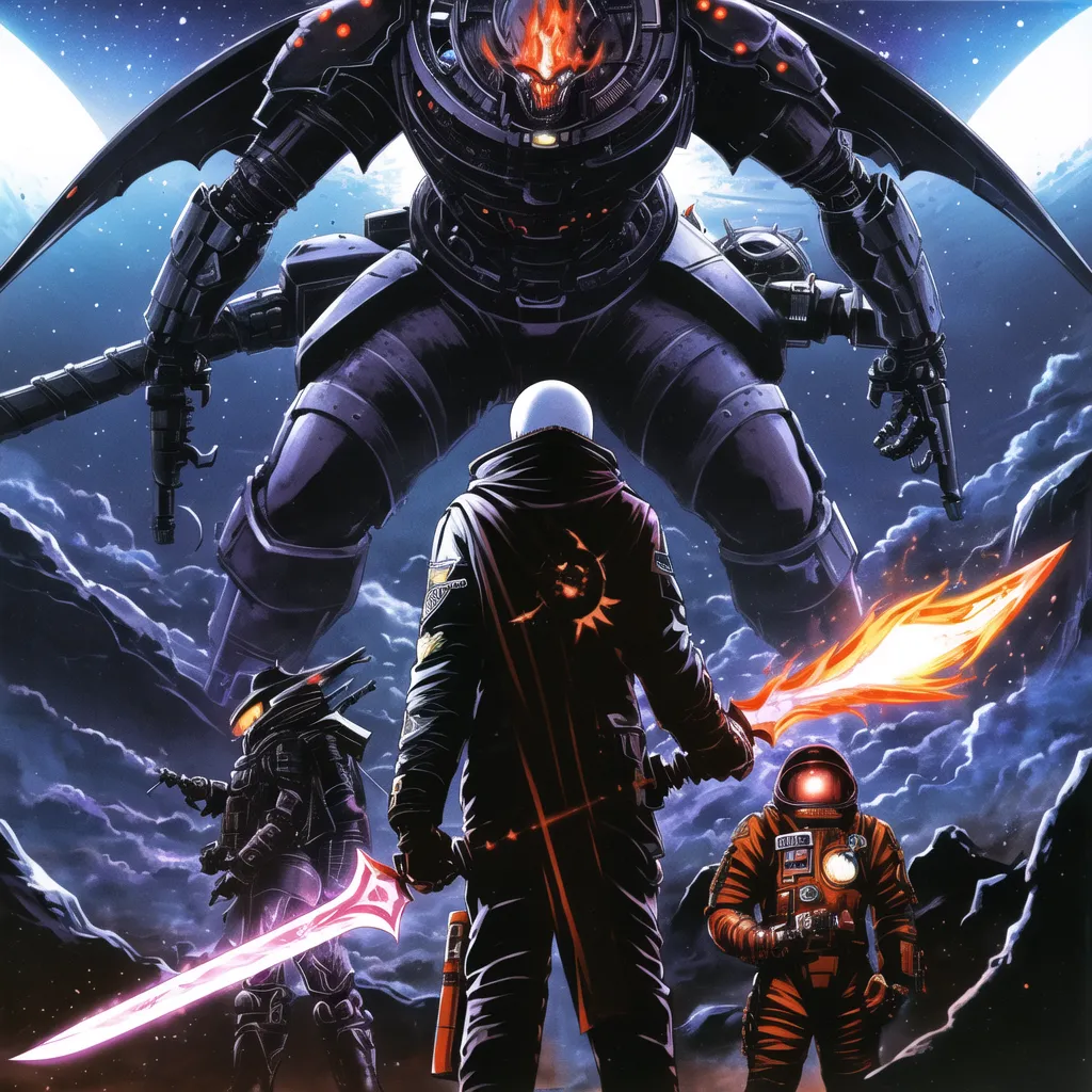 The image is a dark and futuristic scene, with three figures standing in front of a giant robot. The robot is black and grey, with a glowing red eye and a flame coming out of its head. It is standing on a rocky surface, with a starry sky and two moons in the background.

The three figures are all wearing black. The one in the middle is the tallest, with a long white coat and a sword. The figure to the left is shorter, with a gun. The figure to the right is wearing a space suit.

The image is full of action and suspense, as the three figures seem to be about to engage in battle with the giant robot.
