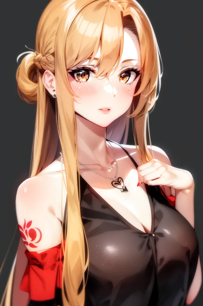 The image is a digital painting of a young woman with long, blonde hair and brown eyes. She is wearing a black dress with a red sash around her waist. The dress is low-cut, revealing her cleavage. She is also wearing a necklace with a heart-shaped pendant. The woman has a tattoo on her right arm. The tattoo is of a red flower. The woman is standing in front of a dark background. She is looking at the viewer with a seductive expression on her face.