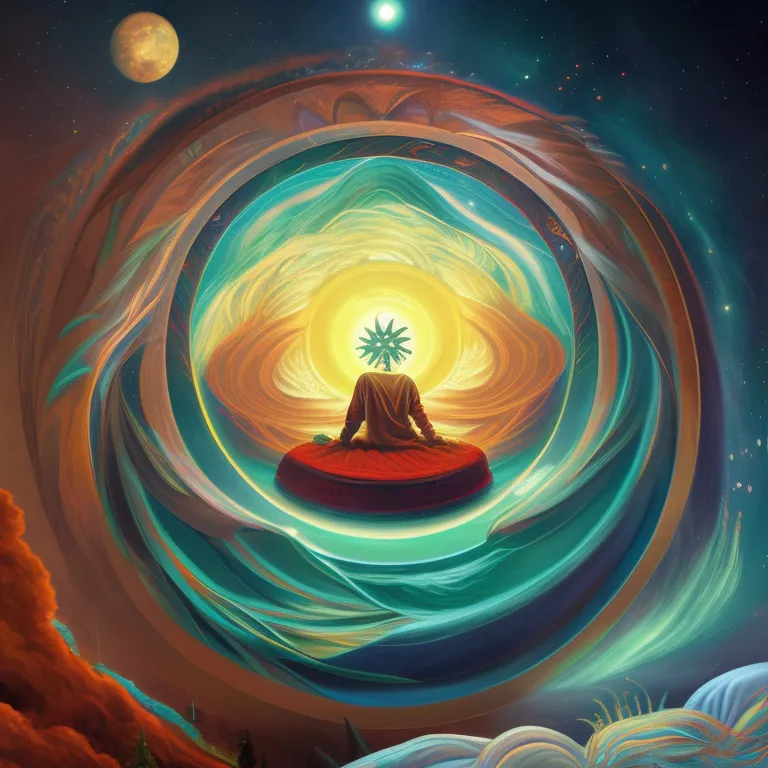 The image is a depiction of a person meditating in a lotus position. The person is sitting on a red cushion, and is surrounded by a colorful vortex of energy. The vortex is made up of various shades of blue, green, and yellow, and is swirling around the person in a clockwise direction. The person's head is surrounded by a white halo, and they are looking down with a serene expression on their face. The background of the image is a dark blue, and there are several stars and planets visible in the distance. The image is very calming and peaceful, and it evokes a sense of tranquility and meditation.
