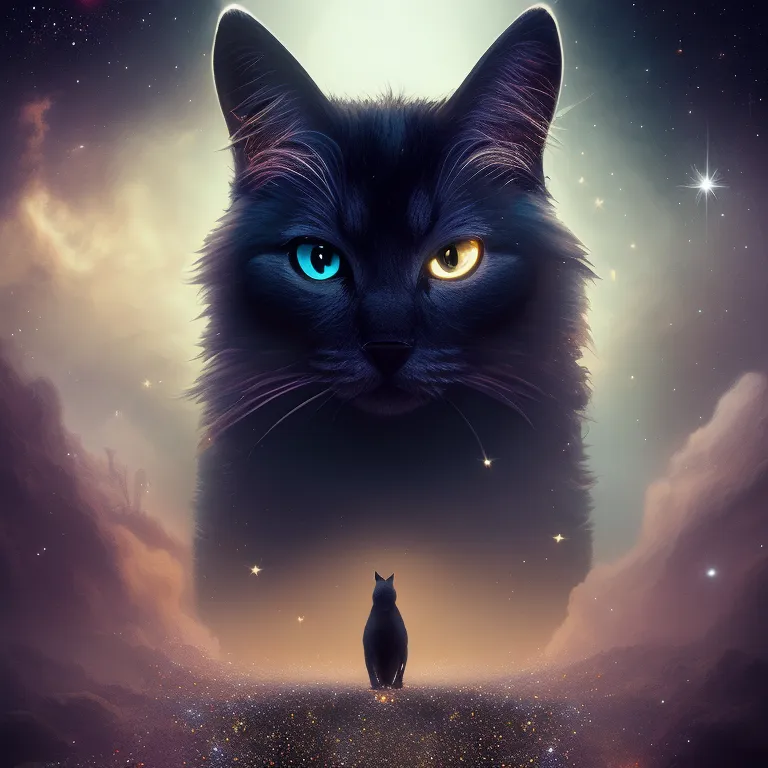 A digital painting of a large black cat with one blue and one yellow eye. The cat is standing in a field of stars, and there is a smaller black cat standing in front of it. The large cat has a very stern expression on its face, and the small cat looks up at it with an expression of awe. The painting is done in a realistic style, and the fur of the cats is rendered in great detail. The background of the painting is a dark blue sky filled with stars.