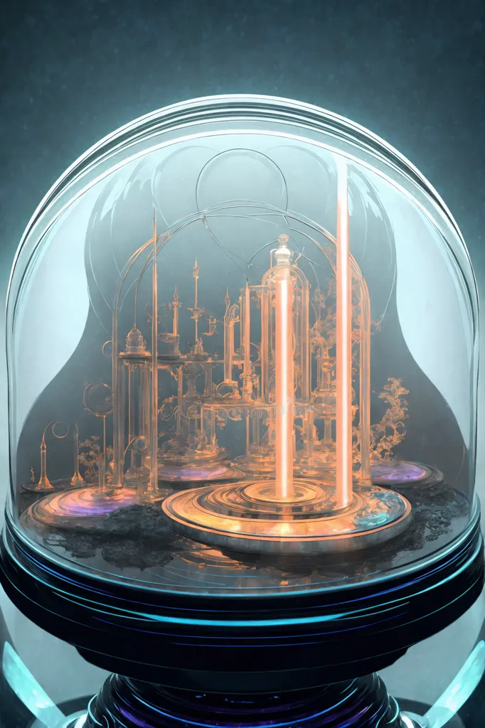 The image is a 3D rendering of a glass dome with a metal base. Inside the dome is a steampunk city. The city is made up of a variety of buildings, including skyscrapers, factories, and houses. There are also a number of trees and other plants in the city. The city is lit by a variety of lights, including streetlights and spotlights. The dome is filled with a mist that gives the city a mysterious and otherworldly feel.