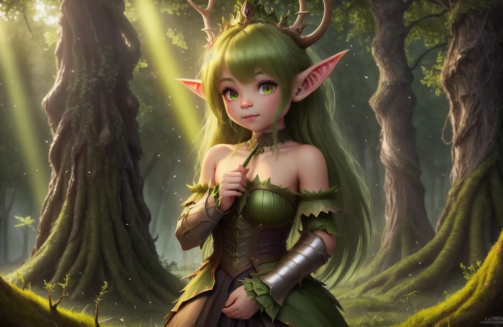 This image depicts a beautiful and ethereal wood elf maiden with long, flowing green hair and bright, emerald-green eyes. She is wearing a green dress with leaf-like patterns and has a circlet of antlers on her head. The maiden is standing in a lush, green forest, surrounded by tall trees and bright flowers. She has a gentle smile on her face and seems to be in deep communion with nature. The image is bathed in a soft, golden light, which gives it a magical and otherworldly feel.