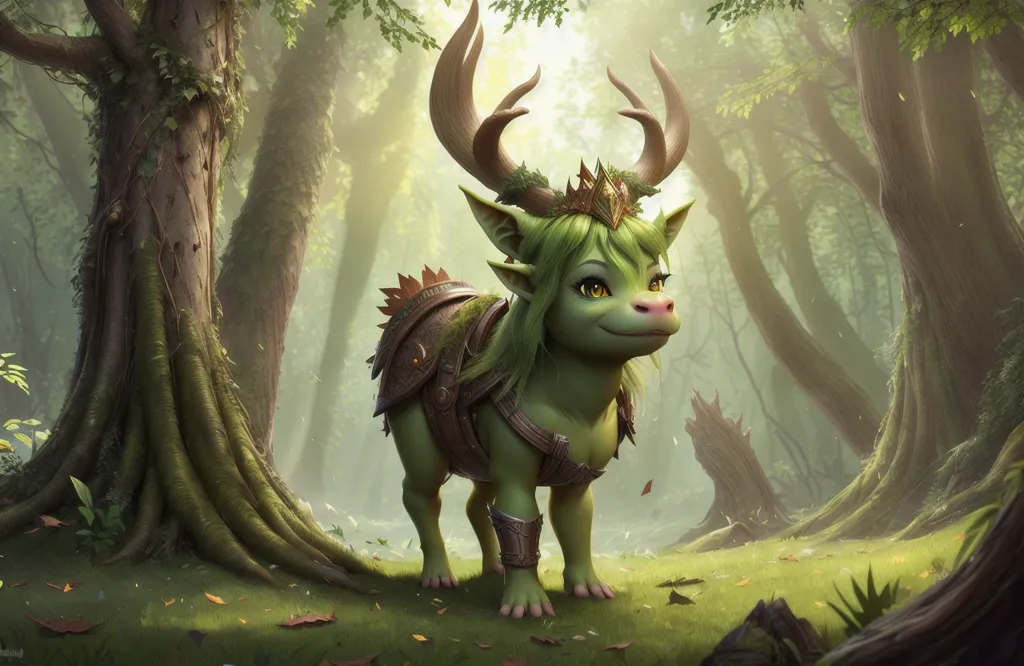 This is an image of a green creature with deer-like antlers standing in a lush forest. The creature is wearing a golden crown and has a friendly expression on its face. It is standing on all fours and has a long tail. The forest is full of green trees and plants. The ground is covered in leaves and branches. The sun is shining through the trees. The image is very detailed and realistic.