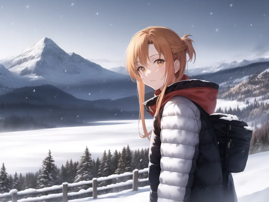 The image is a depiction of a young woman standing in a snowy landscape. She is wearing a white and black puffy jacket with a red hood and a light orange sweater. She also has a dark gray backpack on her back. The woman has long orange hair that is tied back in a ponytail and yellow eyes. She is standing in front of a wooden fence, and there are snow-covered mountains in the distance. The sky is a light blue color, and there are a few clouds in the sky. The overall appearance of the image is soft and