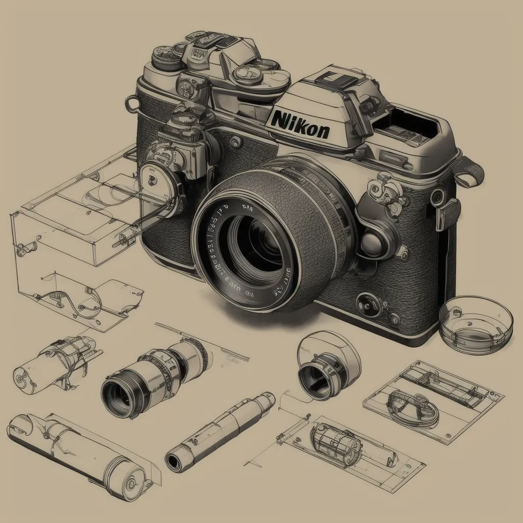 La imagen es un dibujo técnico en blanco y negro de una cámara Nikon FM2. El cuerpo de la cámara se muestra en el centro de la imagen, con el objetivo retirado. Los diversos componentes de la cámara se muestran explotados alrededor del cuerpo. La cámara se muestra con gran detalle, con todos los tornillos, resortes y engranajes individuales visibles.