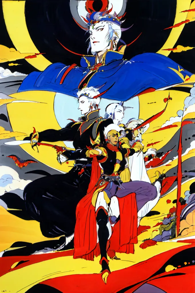 In the image, there are five characters. The middle one is the main character, and the other four are his companions. The main character is a young man with spiky blond hair and blue eyes. He is wearing a red and white outfit and is holding a sword. His companions are two men and two women. The man on the left has long white hair and is wearing a black outfit. He is also holding a sword. The man on the right has short brown hair and is wearing a green outfit. He is holding a bow and arrow. The woman on the left has long black hair and is wearing a white outfit. She is holding a staff. The woman on the right has short brown hair and is wearing a red outfit. She is holding a dagger. The background of the image is a yellow sky with clouds. There is a large moon in the background, and there are some mountains in the distance.