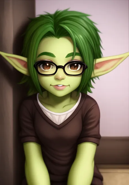 The image shows a green-skinned goblin girl with short green hair and brown eyes. She is wearing glasses, a brown shirt, and has a friendly smile on her face. She is sitting in a corner, with her legs tucked in and her hands resting on her knees. The background is a blurred wall with a few faint light sources.