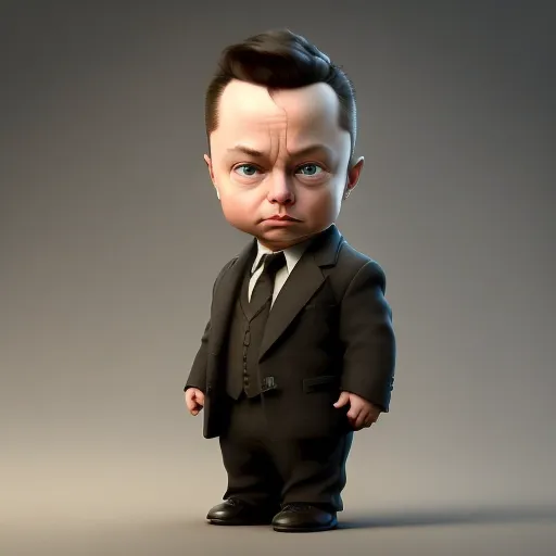 The image is a 3D rendering of a baby Elon Musk. He is wearing a black suit and tie, and has a serious expression on his face. His hair is dark and combed to the side. The background is a light gray.