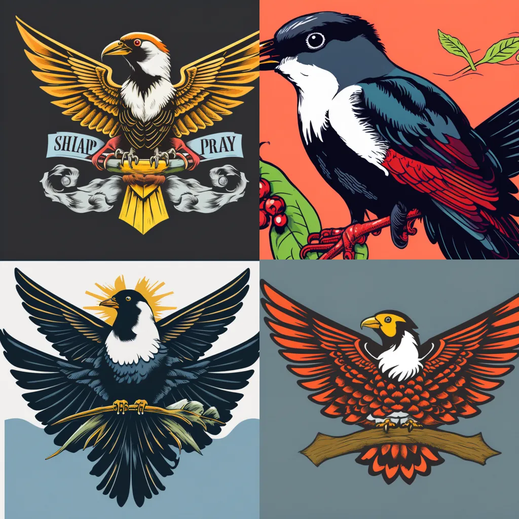 The image is a 2x2 grid of different birds. The top left bird is a cartoon eagle with a red and yellow body, blue wings, and a yellow beak. It is holding a scroll in its talons that says \