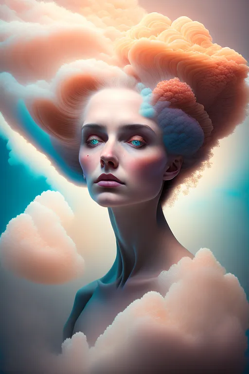 The image is a depiction of a woman with clouds as her hair. The clouds are a mixture of pink, blue, and white. The woman's skin is pale and flawless. Her eyes are blue and her lips are slightly parted. She is looking at the viewer with a serene expression. The background of the image is a light blue sky with a few clouds. The image is soft and ethereal. It evokes a sense of peace and tranquility.