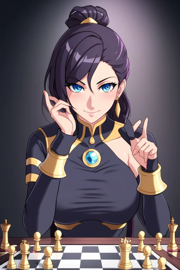 The image shows a young woman with long purple hair and blue eyes. She is wearing a black and gold dress with a high collar and a gold necklace with a blue gem in the center. She is sitting at a chess table, with a chessboard in front of her. She has one hand on her chin and the other pointing at the chessboard. She has a confident smile on her face.