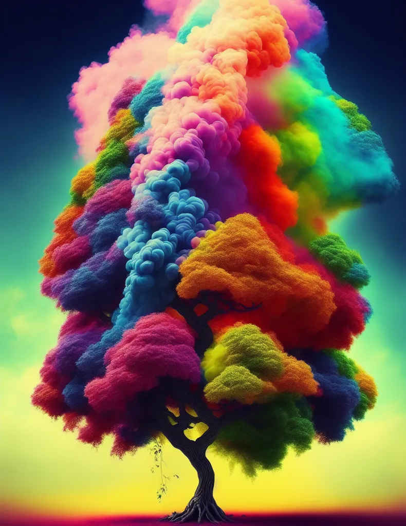 A imagem é uma representação surreal e colorida de uma árvore. A árvore é composta por nuvens vibrantes de fumaça, cada nuvem de uma cor diferente. Rosa, roxo, azul, verde, amarelo, laranja, vermelho e mais. As nuvens estão arranjadas de forma a sugerir os galhos e folhas de uma árvore. A árvore está definida contra um céu azul escuro, o que faz com que as cores da árvore se destaquem ainda mais. A imagem está cheia de movimento e