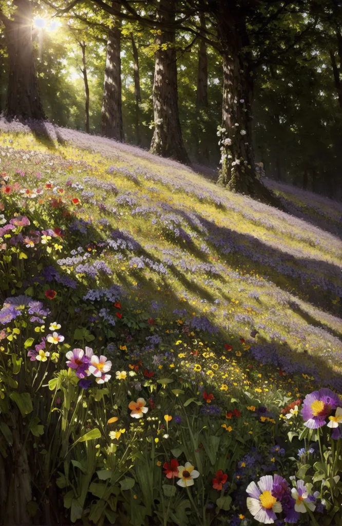 The image is of a beautiful forest glade. The sun is shining brightly, and the trees are casting long shadows over the ground. The ground is covered in a blanket of flowers of all different colors. There are red, orange, yellow, green, blue, and purple flowers. The flowers are all different sizes and shapes. Some of the flowers are tall and slender, while others are short and round. The flowers are all in bloom, and they are filling the air with their fragrance. The glade is a peaceful and serene place. It is a perfect place to relax and enjoy the beauty of nature.