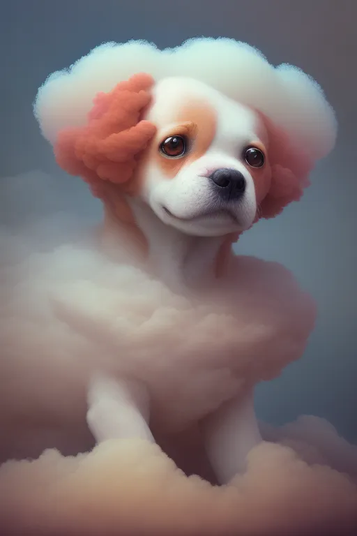 A imagem mostra um cachorro pequeno e branco com orelhas marrons e um nariz rosa. Ele está sentado em uma nuvem e tem uma juba grande e fofinha de cabelo branco e rosa. O cachorro tem olhos grandes, redondos e castanhos, e olha para o observador com uma expressão curiosa. A imagem é desenhada em um estilo realista e o pelo do cachorro parece macio e fofinho. O fundo é de uma cor azul clara e não há outros objetos na imagem.