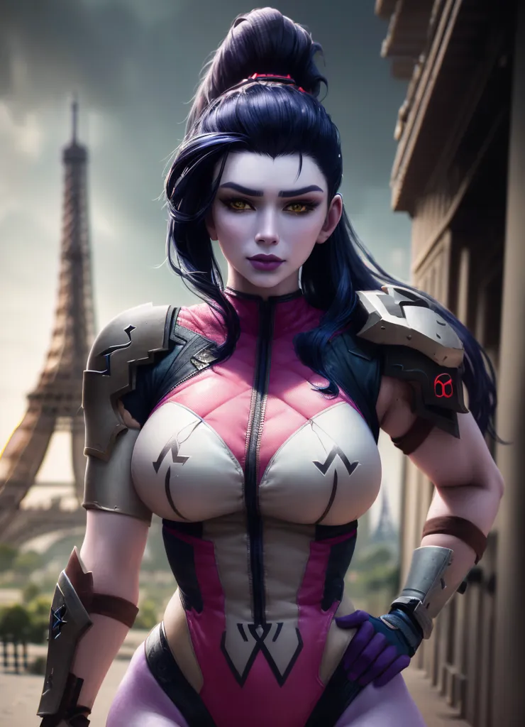 The image is of a young woman with long purple hair and yellow eyes. She is wearing a skin-tight purple and pink bodysuit and has a confident expression on her face. She is standing in front of a grey building with large columns and there is a city in the background.