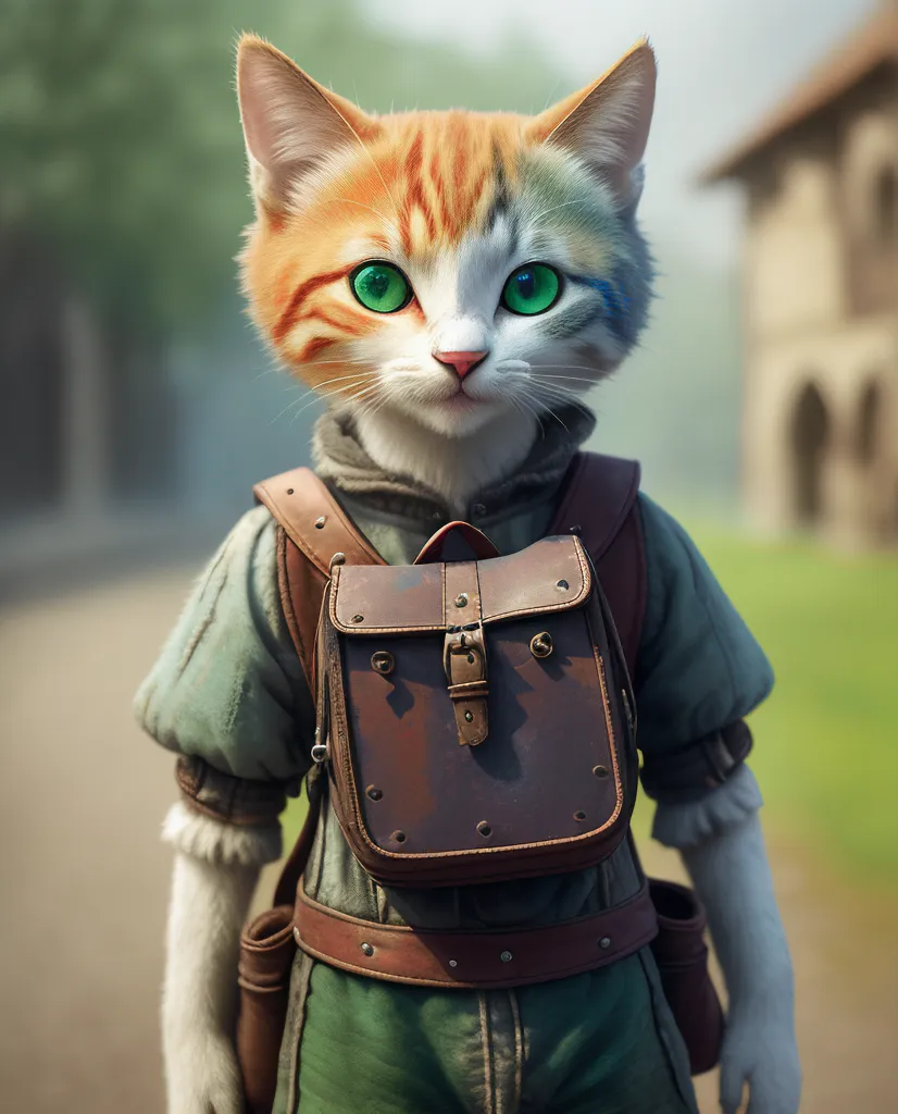 This image shows a cat wearing a brown leather backpack and a green shirt. The cat has one green and one blue eye, and is looking at the camera. The cat is standing in a medieval-style town.