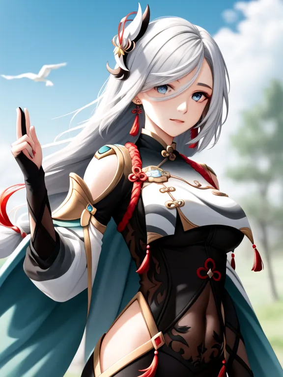 The image is of a young woman with long white hair and blue eyes. She is wearing a white and black cheongsam with a red and gold trim. She has a red and gold headdress and is holding a fan in her right hand. She is standing in a field of flowers with a large rock in the background. The sky is blue with a few clouds in the backgro