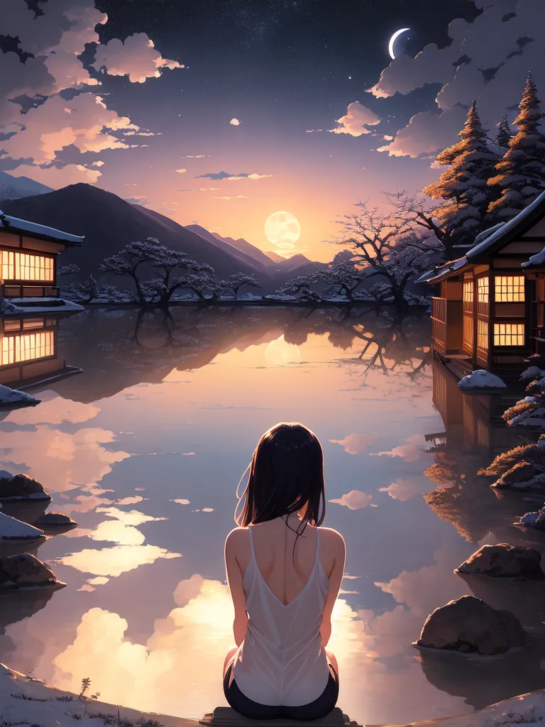 A imagem é uma bela paisagem de um lago nas montanhas. O céu é de um azul profundo, pontilhado de nuvens brancas e fofas, e o sol está se pondo sobre as montanhas. O lago está calmo e tranquilo, refletindo o céu como um espelho. Há duas casas tradicionais japonesas nas margens do lago, e uma menina está sentada na beira do lago, olhando para a vista. A menina está usando um vestido branco, e seu longo cabelo preto está fluindo ao vento. Ela está descalça, e seus pés estão descansando na água fresca do lago. A imagem é pacífica e serena, e ela captura a beleza do mundo natural.